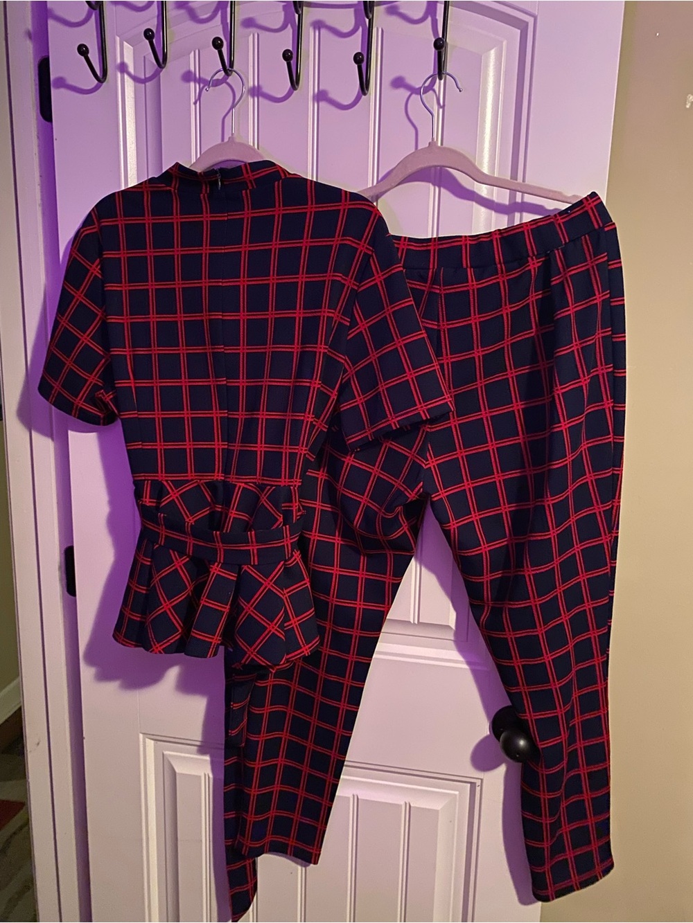 Women’s Navy and Red Plaid Jumpsuit Pants Set
